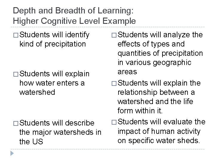 Depth and Breadth of Learning: Higher Cognitive Level Example � Students will identify kind