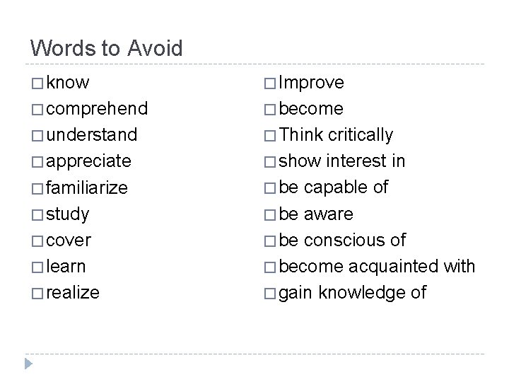 Words to Avoid � know � Improve � comprehend � become � understand �