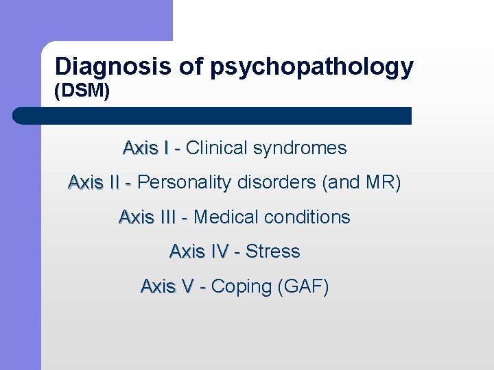 Diagnosis of psychopathology (DSM) Axis I - Clinical syndromes Axis II - Personality disorders
