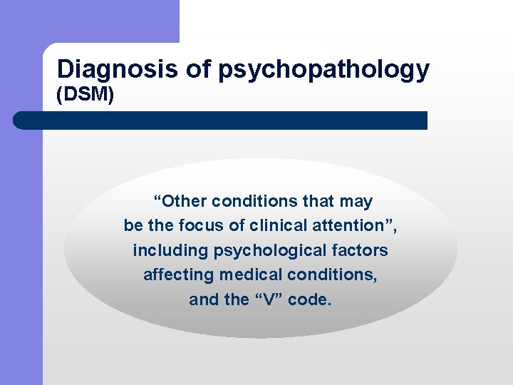 Diagnosis of psychopathology (DSM) “Other conditions that may be the focus of clinical attention”,