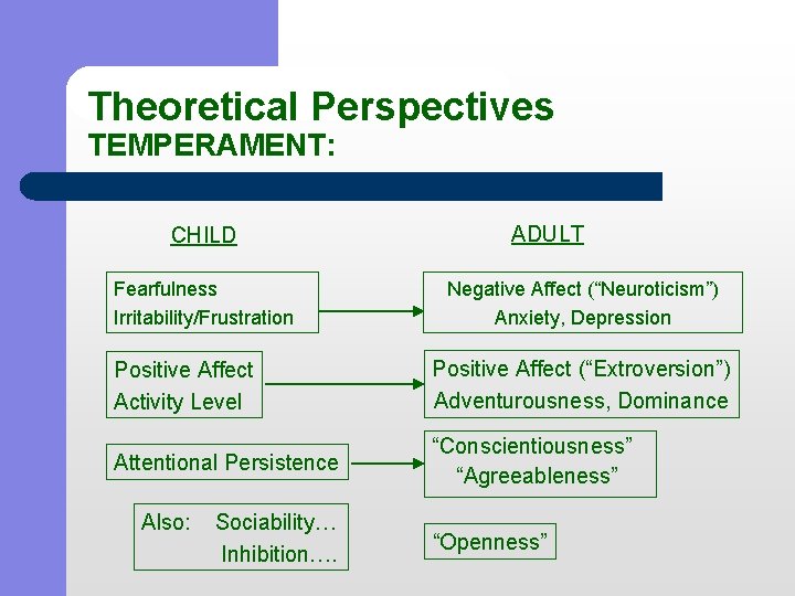Theoretical Perspectives TEMPERAMENT: CHILD Fearfulness Irritability/Frustration ADULT Negative Affect (“Neuroticism”) Anxiety, Depression Positive Affect