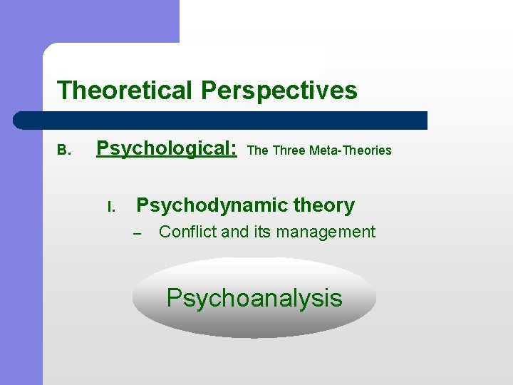 Theoretical Perspectives B. Psychological: The Three Meta-Theories I. Psychodynamic theory – Conflict and its