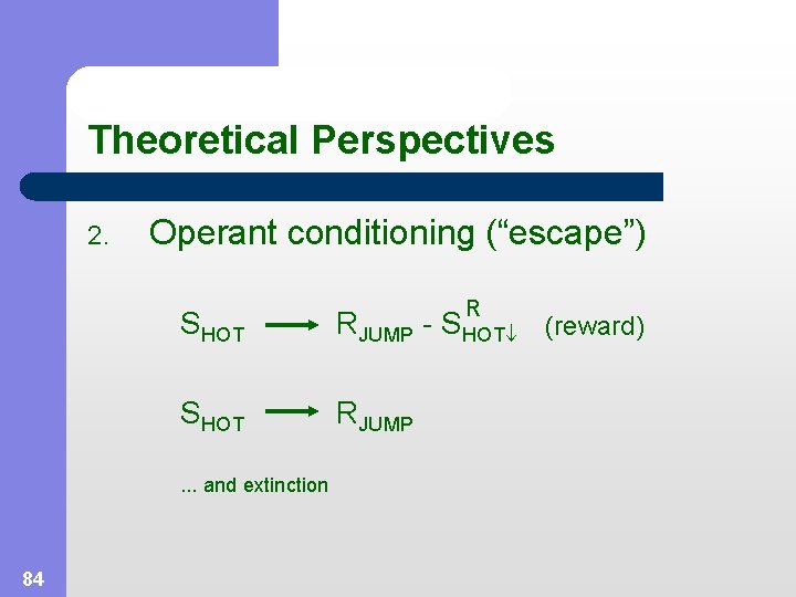 Theoretical Perspectives 2. Operant conditioning (“escape”) R SHOT RJUMP - SHOT (reward) SHOT RJUMP.