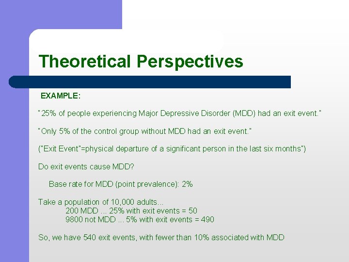 Theoretical Perspectives EXAMPLE: “ 25% of people experiencing Major Depressive Disorder (MDD) had an