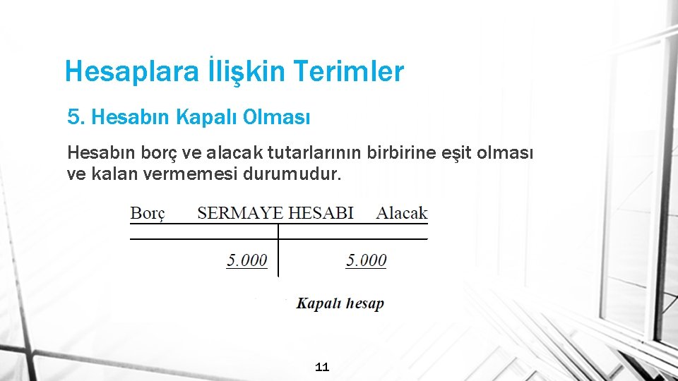 Hesaplara İlişkin Terimler 5. Hesabın Kapalı Olması Hesabın borç ve alacak tutarlarının birbirine eşit