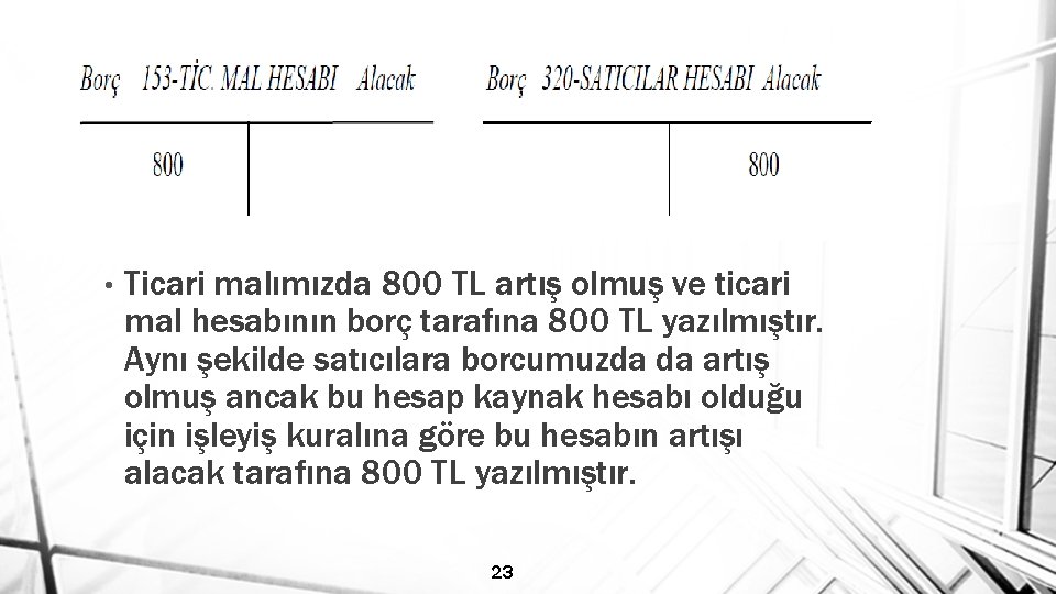  • Ticari malımızda 800 TL artış olmuş ve ticari mal hesabının borç tarafına