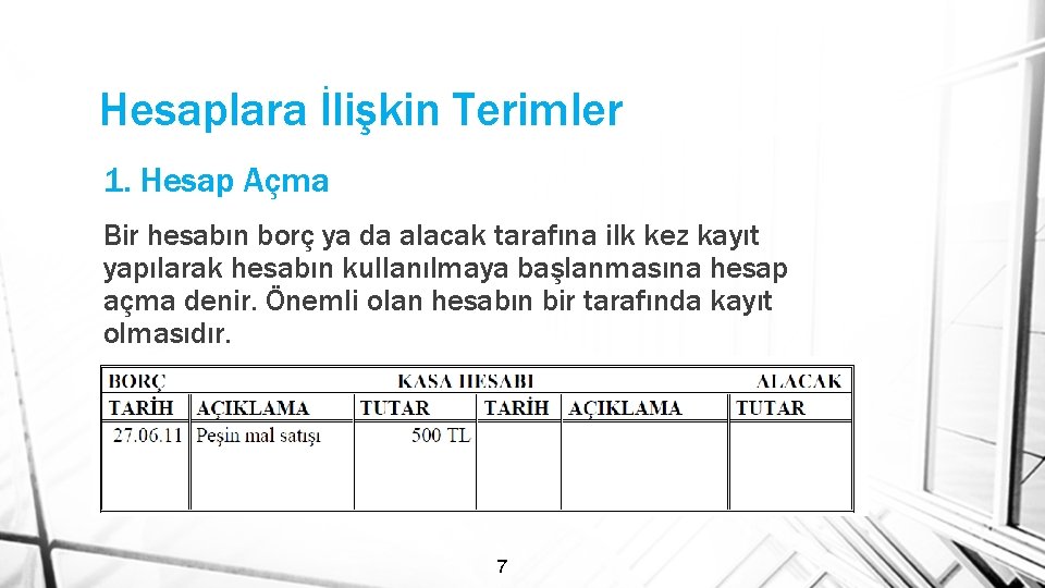 Hesaplara İlişkin Terimler 1. Hesap Açma Bir hesabın borç ya da alacak tarafına ilk