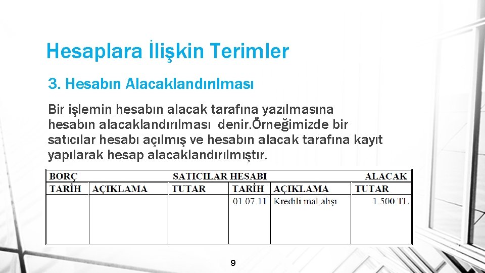 Hesaplara İlişkin Terimler 3. Hesabın Alacaklandırılması Bir işlemin hesabın alacak tarafına yazılmasına hesabın alacaklandırılması