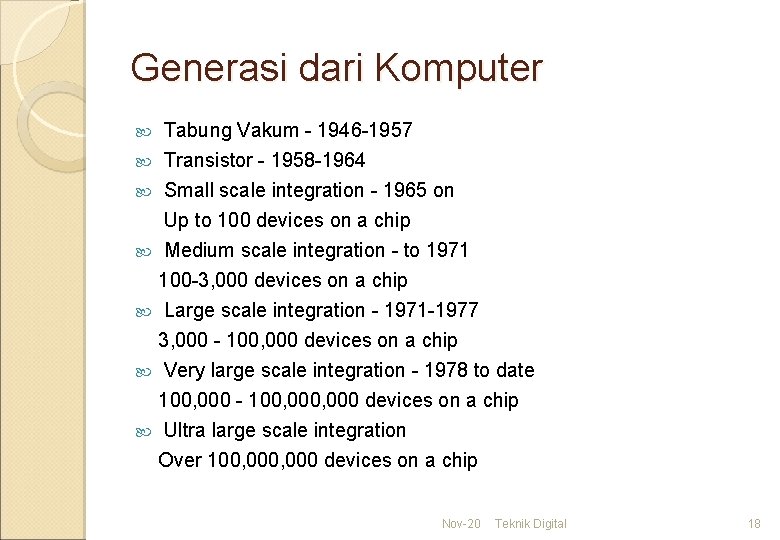 Generasi dari Komputer Tabung Vakum - 1946 -1957 Transistor - 1958 -1964 Small scale