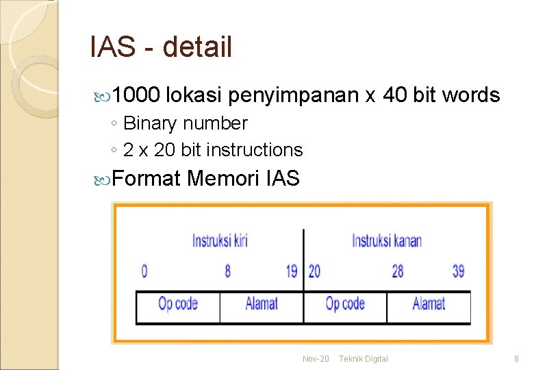 IAS - detail 1000 lokasi penyimpanan x 40 bit words ◦ Binary number ◦