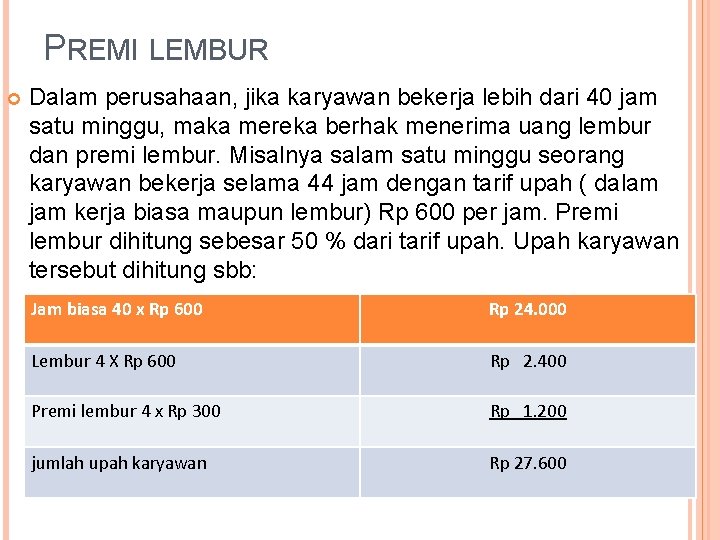 PREMI LEMBUR Dalam perusahaan, jika karyawan bekerja lebih dari 40 jam satu minggu, maka