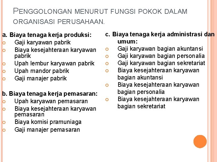 PENGGOLONGAN MENURUT FUNGSI POKOK DALAM ORGANISASI PERUSAHAAN. a. Biaya tenaga kerja produksi: Gaji karyawan