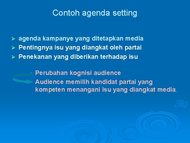 Contoh agenda setting agenda kampanye yang ditetapkan media Ø Pentingnya isu yang diangkat oleh