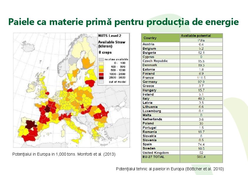 Paiele ca materie primă pentru producția de energie Potențialul in Europa in 1, 000