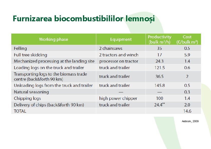 Furnizarea biocombustibililor lemnoși Aebiom, 2009 