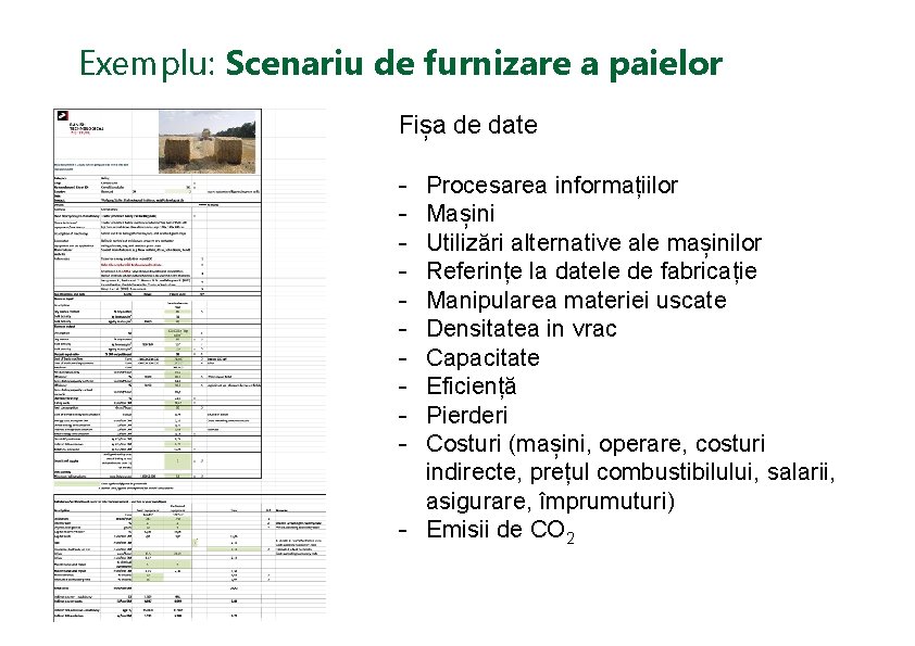 Exemplu: Scenariu de furnizare a paielor Fișa de date - Procesarea informațiilor Mașini Utilizări