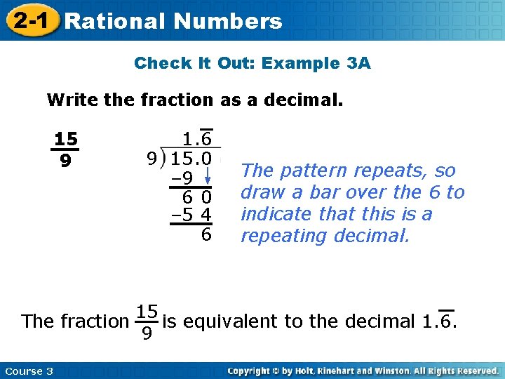 2 -1 Rational Numbers Check It Out: Example 3 A Write the fraction as