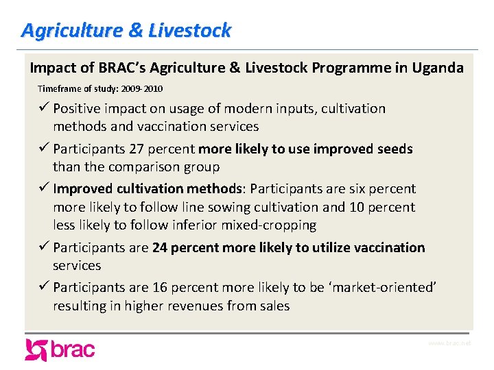 Agriculture & Livestock Impact of BRAC’s Agriculture & Livestock Programme in Uganda Timeframe of