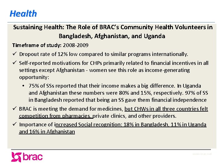 Health Sustaining Health: The Role of BRAC’s Community Health Volunteers in Bangladesh, Afghanistan, and