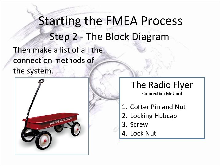 Starting the FMEA Process Step 2 - The Block Diagram Then make a list