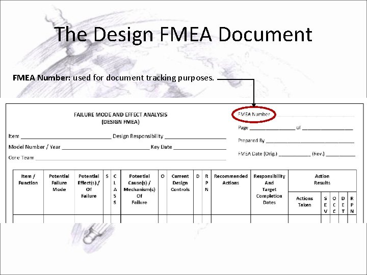 The Design FMEA Document FMEA Number: used for document tracking purposes. 
