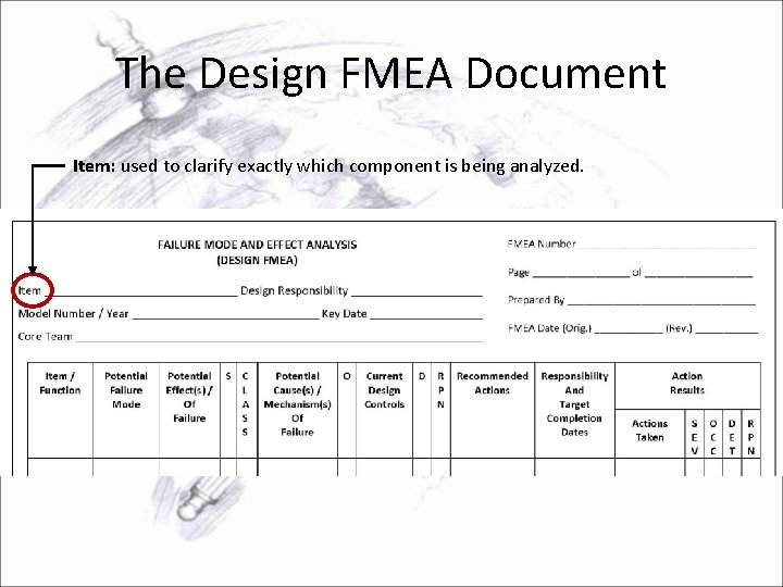 The Design FMEA Document Item: used to clarify exactly which component is being analyzed.