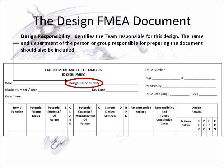 The Design FMEA Document Design Responsibility: Identifies the Team responsible for this design. The