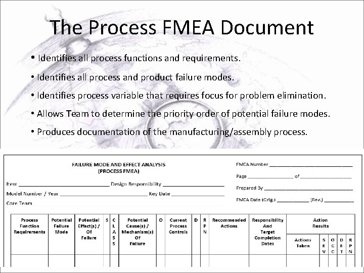 The Process FMEA Document • Identifies all process functions and requirements. • Identifies all