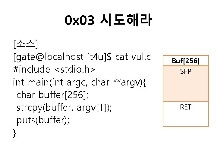 0 x 03 시도해라 [소스] [gate@localhost it 4 u]$ cat vul. c #include <stdio.