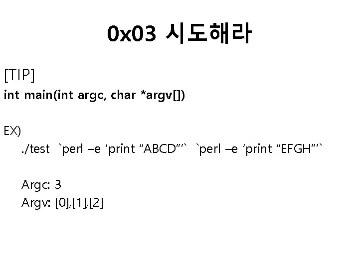 0 x 03 시도해라 [TIP] int main(int argc, char *argv[]) EX). /test `perl –e