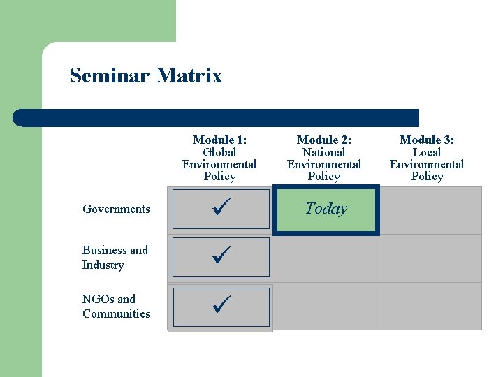 Seminar Matrix Module 1: Global Environmental Policy Module 2: National Environmental Policy Governments Today