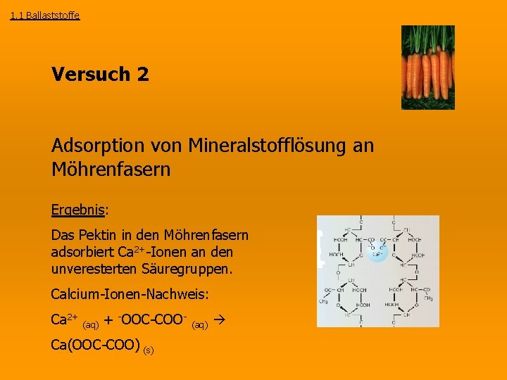 1. 1 Ballaststoffe Versuch 2 Adsorption von Mineralstofflösung an Möhrenfasern Ergebnis: Das Pektin in