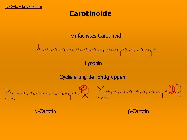 1. 2 Sek. Pflanzenstoffe Carotinoide einfachstes Carotinoid: Lycopin Cyclisierung der Endgruppen: -Carotin 