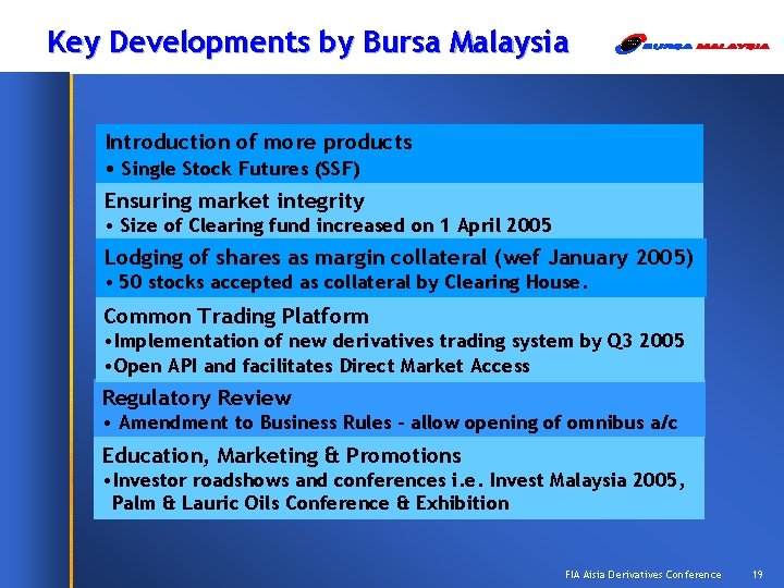 Key Developments by Bursa Malaysia Introduction of more products • Single Stock Futures (SSF)