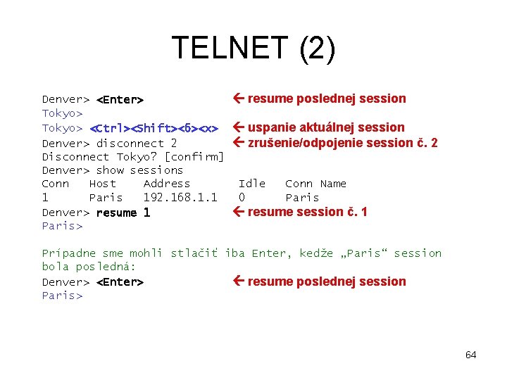 TELNET (2) Denver> <Enter> Tokyo> <Ctrl><Shift><6><x> Denver> disconnect 2 Disconnect Tokyo? [confirm] Denver> show