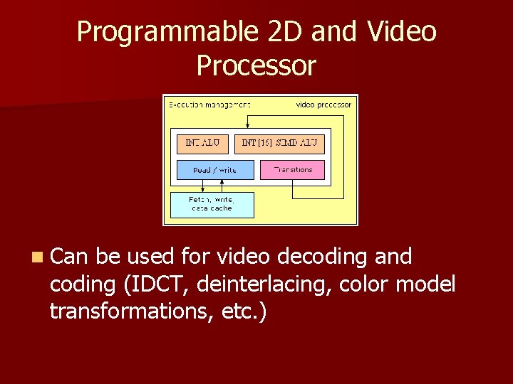 Programmable 2 D and Video Processor n Can be used for video decoding and