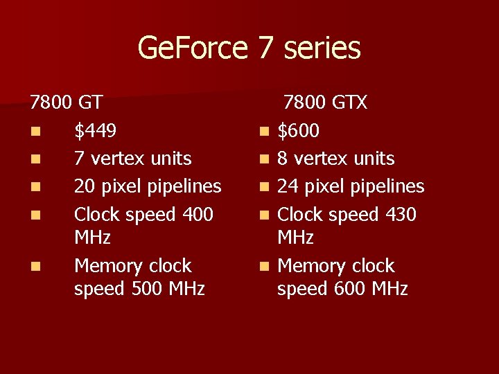 Ge. Force 7 series 7800 GT n $449 n 7 vertex units n 20