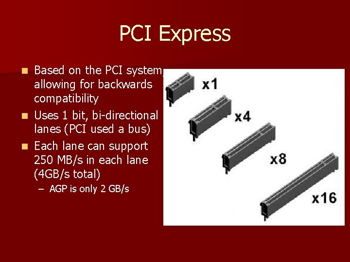 PCI Express Based on the PCI system, allowing for backwards compatibility n Uses 1