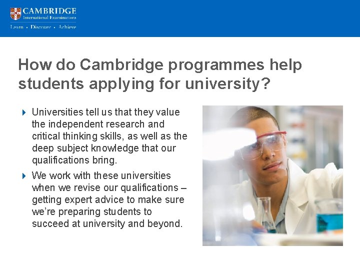 How do Cambridge programmes help Presentation title over 2 lines students applying for university?