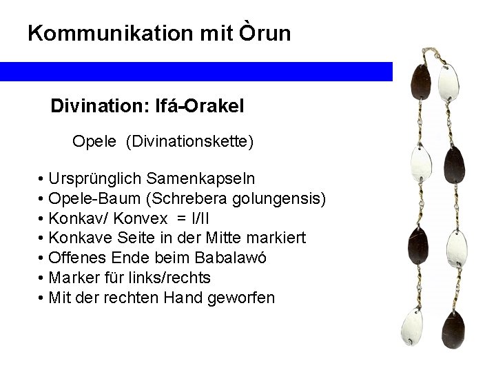 Kommunikation mit Òrun Divination: Ifá-Orakel Opele (Divinationskette) • Ursprünglich Samenkapseln • Opele-Baum (Schrebera golungensis)