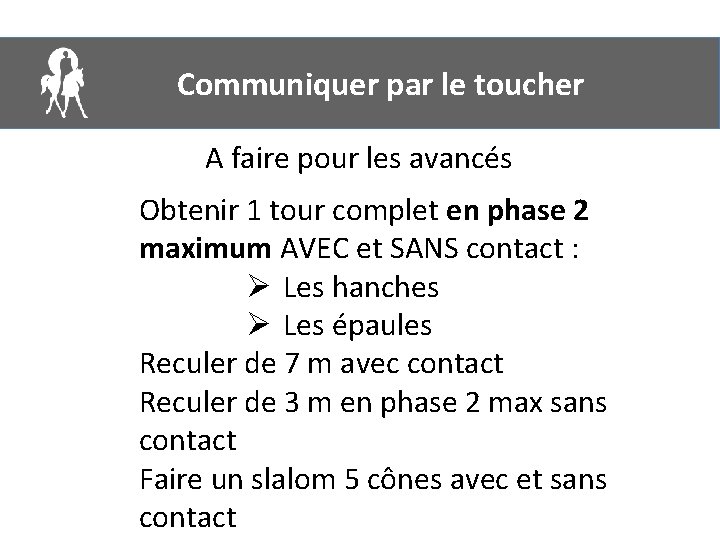 Communiquer par le toucher A faire pour les avancés Obtenir 1 tour complet en