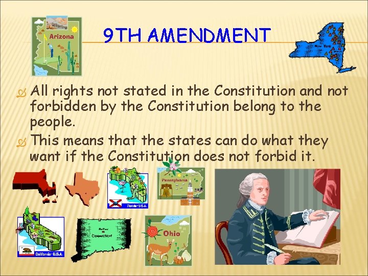 9 TH AMENDMENT All rights not stated in the Constitution and not forbidden by