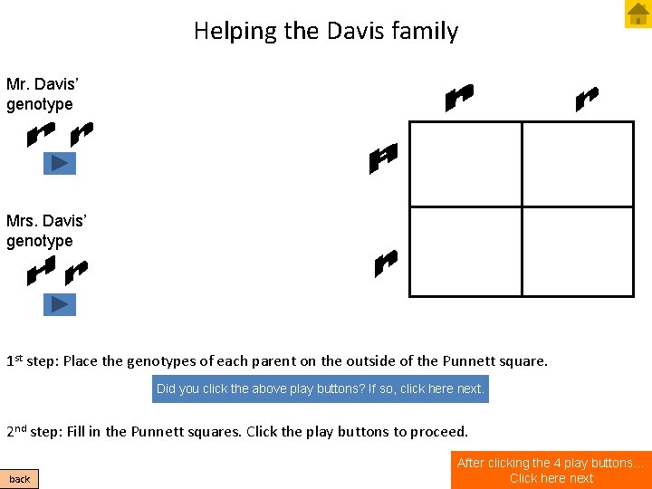 Helping the Davis family Mr. Davis’ genotype Mrs. Davis’ genotype 1 st step: Place