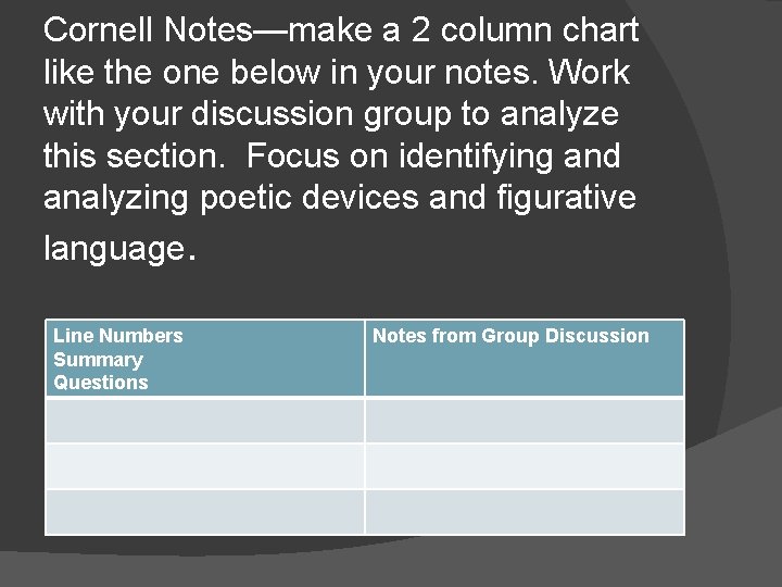 Cornell Notes—make a 2 column chart like the one below in your notes. Work