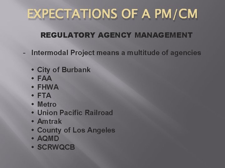 EXPECTATIONS OF A PM/CM REGULATORY AGENCY MANAGEMENT - Intermodal Project means a multitude of