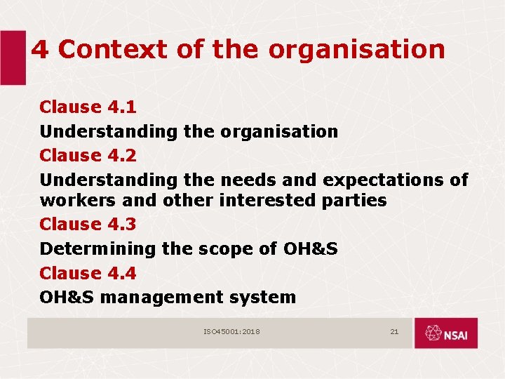 4 Context of the organisation Clause 4. 1 Understanding the organisation Clause 4. 2