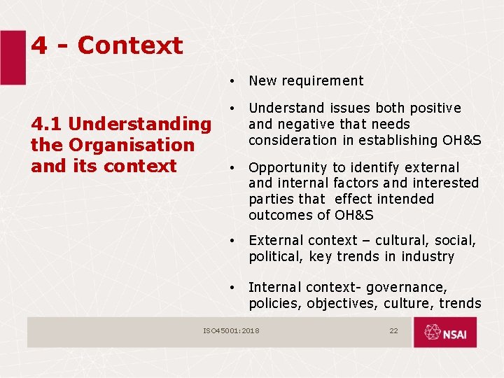 4 - Context 4. 1 Understanding the Organisation and its context • New requirement