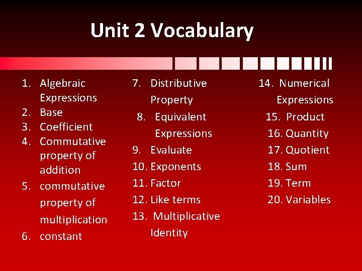 Unit 2 Vocabulary 1. Algebraic Expressions 2. Base 3. Coefficient 4. Commutative property of