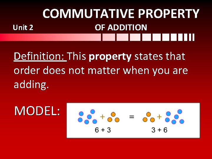 COMMUTATIVE PROPERTY Unit 2 OF ADDITION Definition: This property states that order does not